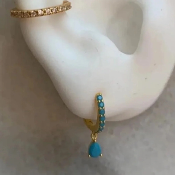 Gold Turquoise Tear Drop Crystal Huggie Hoop Earrings - Picture 3 of 5
